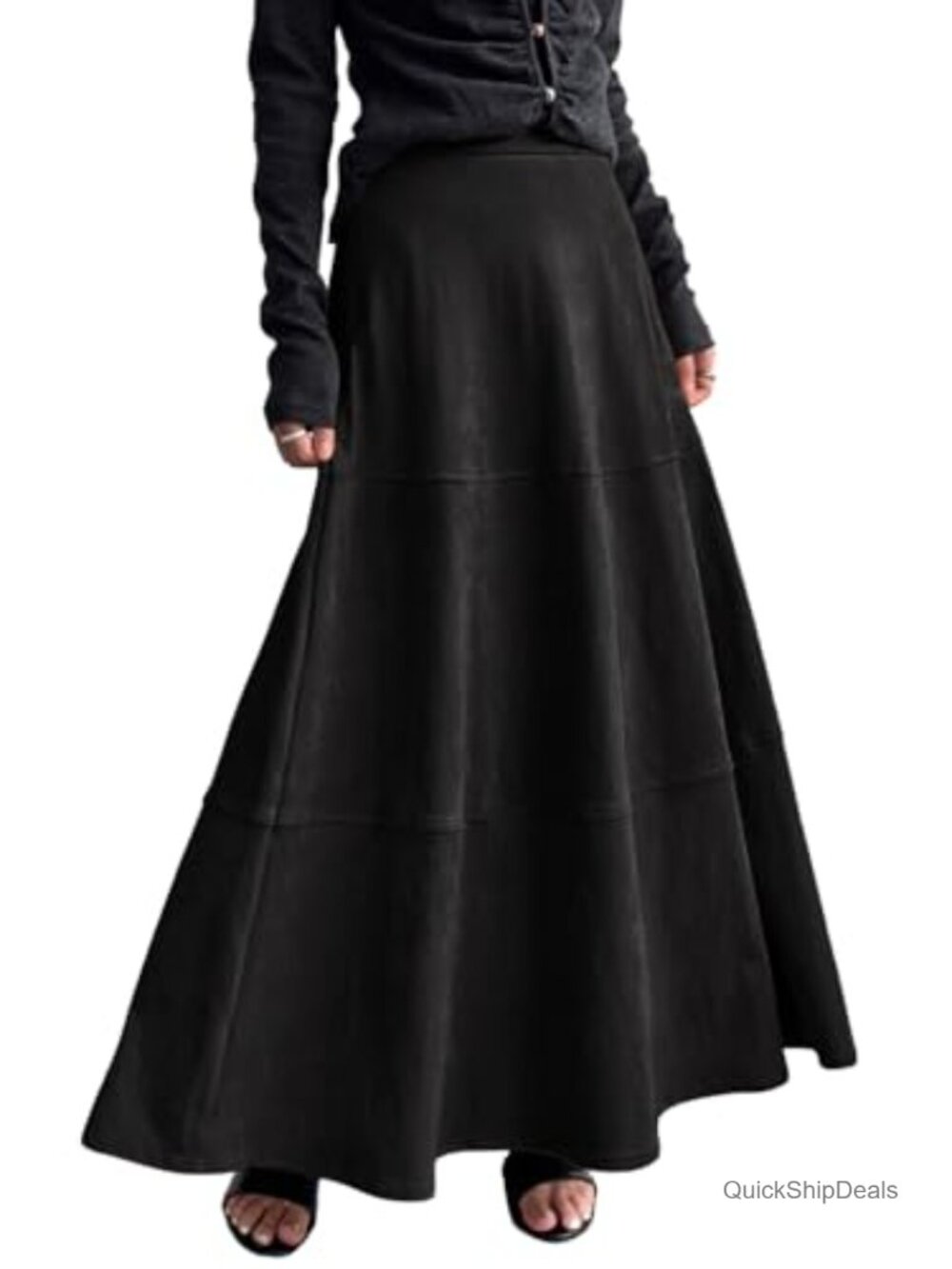Faux Suede High Waisted A Line Maxi Skirt Ruffle Flowy Business Casual